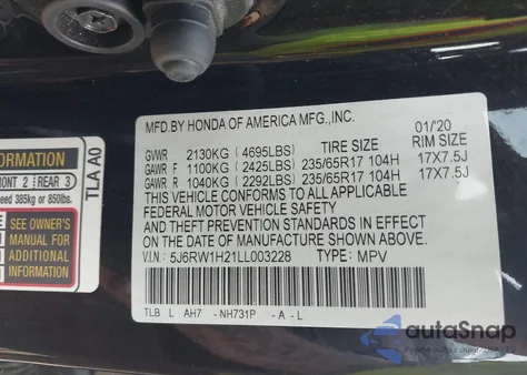 2020 Honda Cr-V 2Wd Lx z USA, uszkodzony, nr VIN 5J6RW1H21LL003228